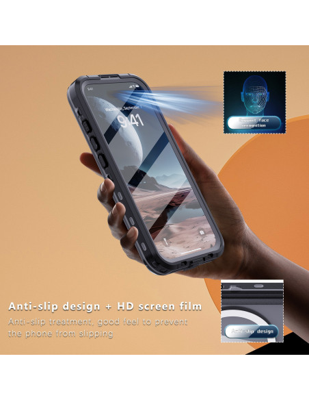 iPhone 16 Heltäckande Vattentät Skal i svart, hålls i handen med fokus på anti-glid design och skärmskydd
