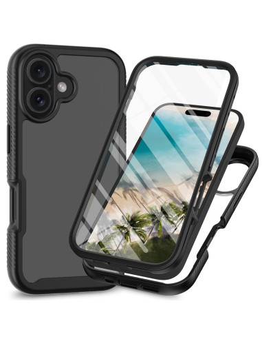 Svart 3D-skal för iPhone 16 med transparent framsida och förstärkta hörn