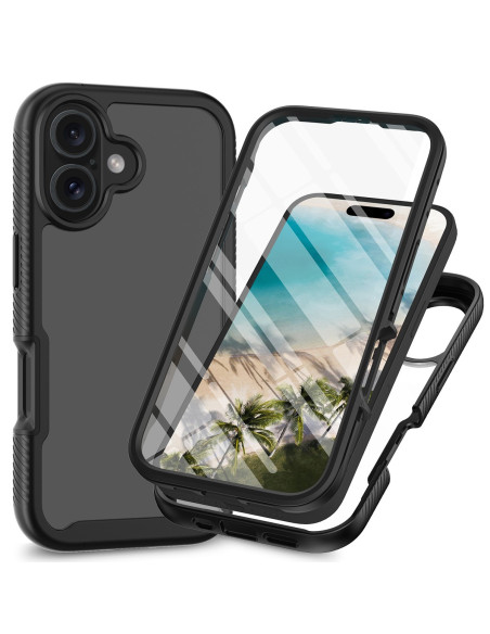 Svart 3D-skal för iPhone 16 med transparent framsida och förstärkta hörn