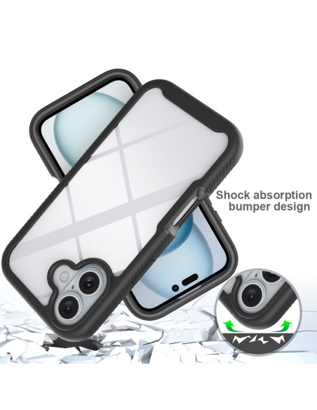 Svart 3D-skal för iPhone 16 med stötabsorberande design och transparent framsida