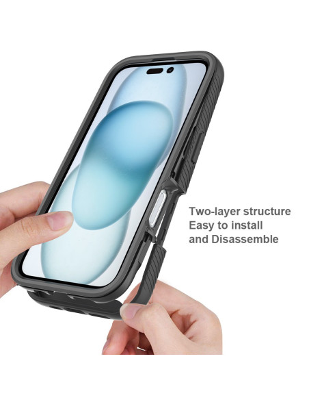 iPhone 16 med svart 3D-skal, visad från sidan med fokus på tvåskiktsdesign och knappar