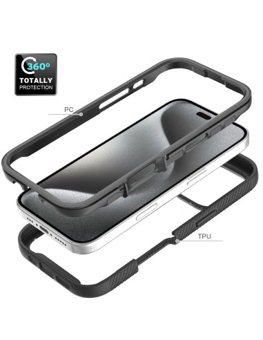 Detaljvy av iPhone 16 skal som visar de tre delarna och materialkombinationen av TPU och PC