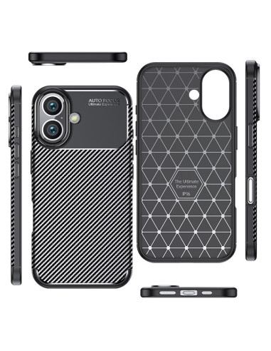 Svart fullcarbon skal för iPhone 16, visat framifrån med mönster och knappar i detaljvy