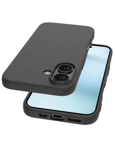 Mattsvart TPU-skal för iPhone 16 med kameraskydd, sett från sidan och delvis ovanifrån