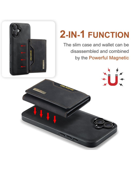 Svart iPhone 16 skal med avtagbar korthållare, visat från sidan med tydlig detalj av magnetisk funktion