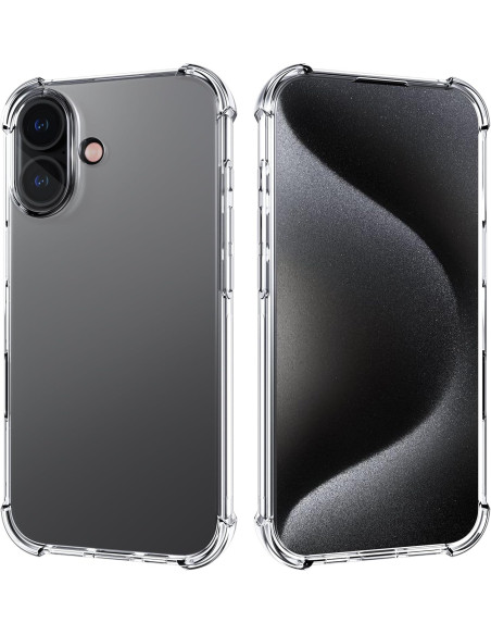 Transparent iPhone 16 Plus skal med förstärkta hörn, visat från baksidan och sidan