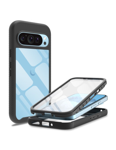 Svart heltäckande skal för Google Pixel 9/9 Pro med transparent baksida, sett från framsidan och sidan