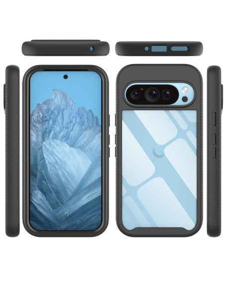 Heltäckande svart skal för Google Pixel 9/9 Pro, visat från sidan med transparent baksida