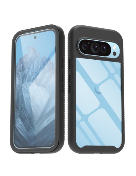Svart skal för Google Pixel 9/9 Pro med blå detalj, visat från sidan med telefon insatt