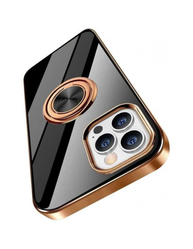 Svart skal för iPhone 16 Pro med ringhållare, sett från sidan med detaljerad vy
