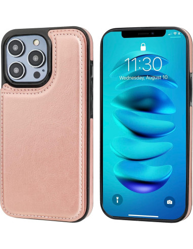 Flippr-skal i roséguld för iPhone 16 Pro med korthållare, sett från sidan och monterat på telefon