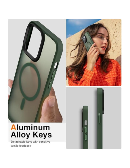 Mörkgrönt iPhone 16 Pro skal hålls av en person, med fokus på knappar och MagSafe-logotyp