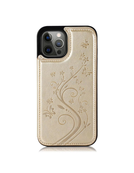 Guld Flippr V2-skal för iPhone 16 Pro med blommönster, sett bakifrån med kortfack
