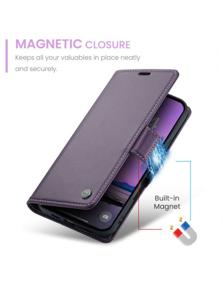 Lila CaseMe Skin Pro fodral för iPhone 16 med stängd magnetisk flik och telefon insidan