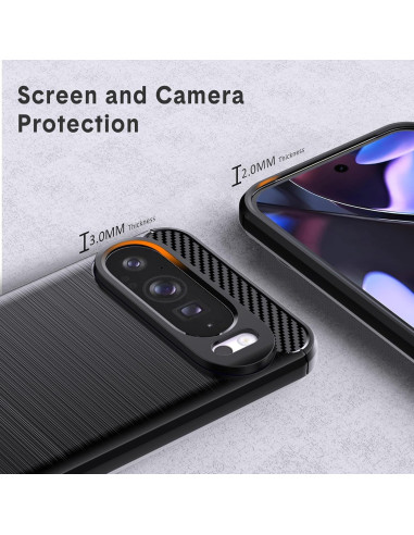 Detaljvy av Google Pixel 9 Pro XL skal som visar kameraskydd och skärmskydd med mått
