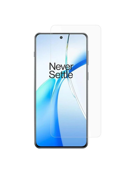 Framifrån vy av OnePlus Nord 4 med skärmskydd som visar skärmen tydligt