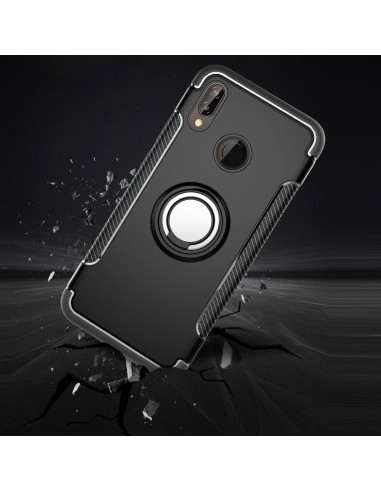 Svart stöttåligt skal för Huawei P20 Lite, sett bakifrån med ringhållare och texturdetaljer