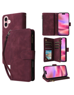 iPhone 16 Multifunktionellt Plånboksfodral Zipper 8-Fack Vinröd