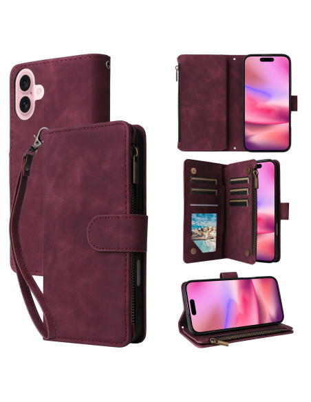 iPhone 16 Multifunktionellt Plånboksfodral Zipper 8-Fack Vinröd