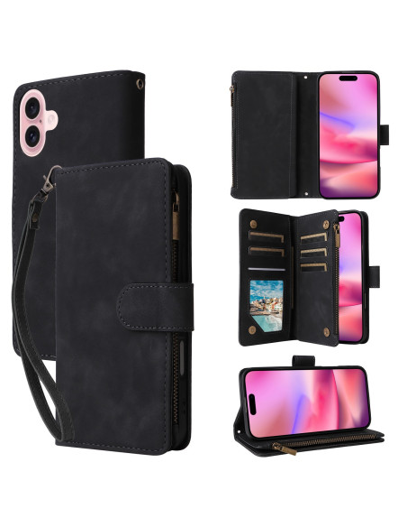 iPhone 16 Multifunktionellt Plånboksfodral Zipper 8-Fack svart