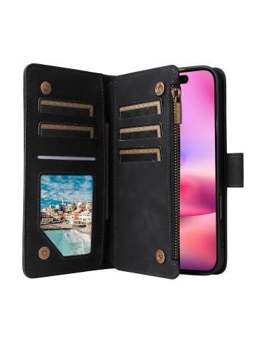 iPhone 16 Multifunktionellt Plånboksfodral Zipper 8-Fack svart