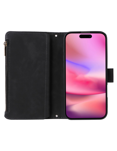 iPhone 16 Multifunktionellt Plånboksfodral Zipper 8-Fack svart