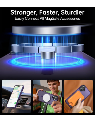 Lila iPhone 16 skal med MagSafe, visat med magnetisk laddning och tillbehör