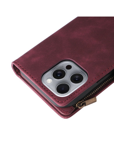 iPhone 16 Pro Max Multifunktionellt Plånboksfodral Zipper 8-Fack Vinröd