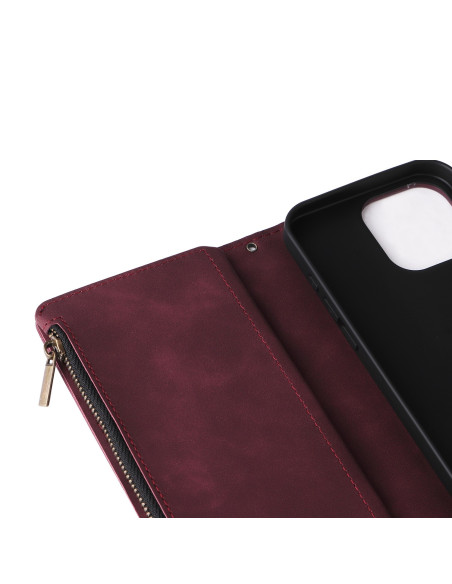 iPhone 16 Pro Max Multifunktionellt Plånboksfodral Zipper 8-Fack Vinröd