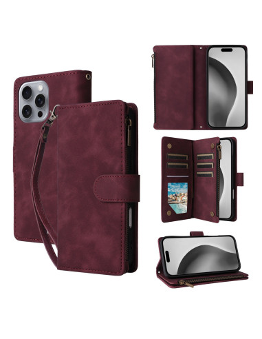iPhone 16 Pro Multifunktionellt Plånboksfodral Zipper 8-Fack Vinröd
