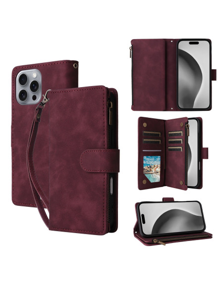 iPhone 16 Pro Multifunktionellt Plånboksfodral Zipper 8-Fack Vinröd