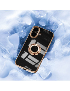 Svart skal med ringhållare för iPhone 16, visat framifrån och från sidan 2