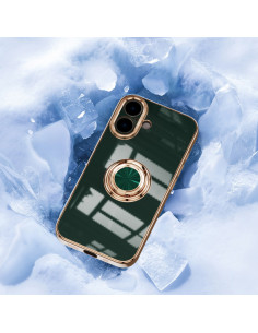 Mörkgrönt iPhone 16-skal med ringhållare, visat från sidan och bakifrån 2