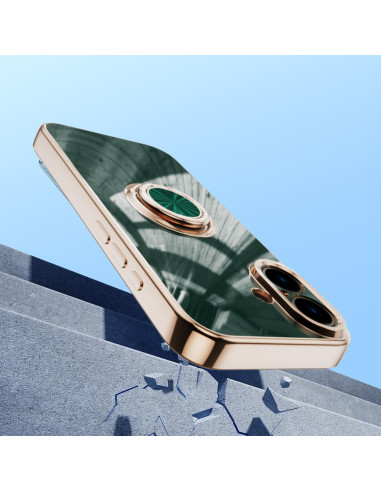 Mörkgrönt iPhone 16-skal med ringhållare, sett snett framifrån med fokus på ringhållaren och kanten