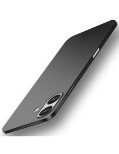 Mattsvart skal för iPhone 16 Plus, visat snett framifrån med fokus på knappar och kameraöppningar