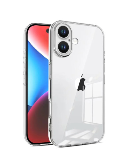 Genomskinligt skal för iPhone 16, visat bakifrån med telefonens kameror synliga