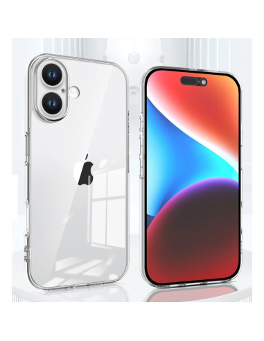 Genomskinligt TPU-skal för iPhone 16, visat från sidan med telefonens skärm synlig