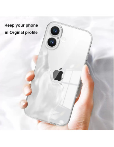 Genomskinligt skal för iPhone 16, hålls i handen med telefonens logotyp synlig