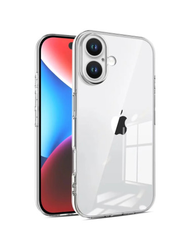Genomskinligt skal för iPhone 16 Plus, monterat på telefon med tydlig kameravy