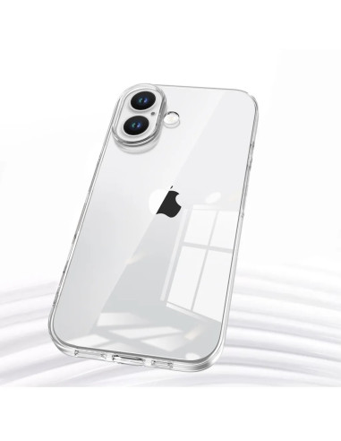 Genomskinligt TPU-skal för iPhone 16 Plus, visat snett framifrån med fokus på kamerautskärning