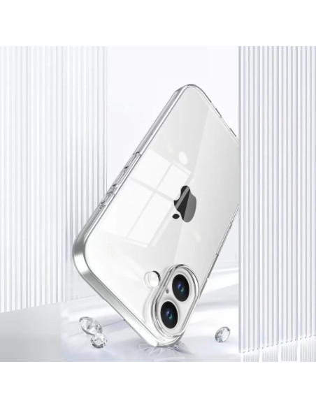 Genomskinligt TPU-skal för iPhone 16 Plus, visat i en detaljvy bakifrån med fokus på telefonens logotyp