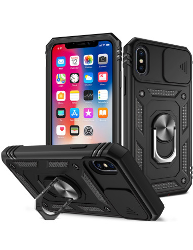 Svart hybridskal för iPhone X/XS med ringhållare, visat framifrån och i detaljvy