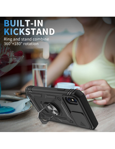 Svart iPhone X/XS hybridskal med ringhållare, visat från sidan med kickstand i användning