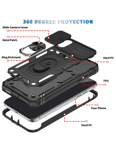 Detaljvy av svart hybridskal för iPhone X/XS med ringhållare och kameraskydd, visat i isärplockad form
