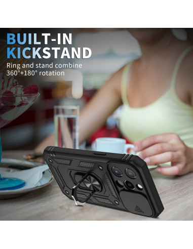 Svart iPhone 13 Pro hybriddskal med ringhållare, visat från sidan med kickstand i användning