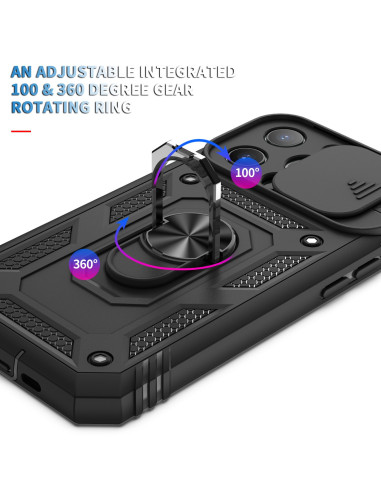 Detaljvy av svart iPhone 13 Pro hybriddskal med fokus på den roterande ringhållaren