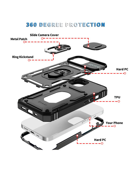 iPhone 15 Plus Hybridskal med Ringhållare &amp; Kameraskydd - Svart