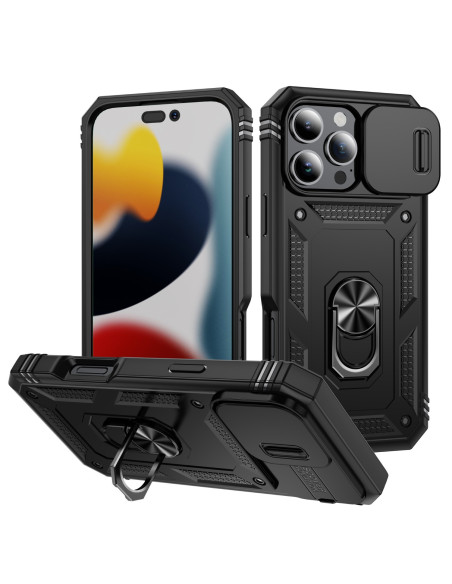 Svart iPhone 16 Pro hybridskal med ringhållare, visat framifrån med telefon monterad
