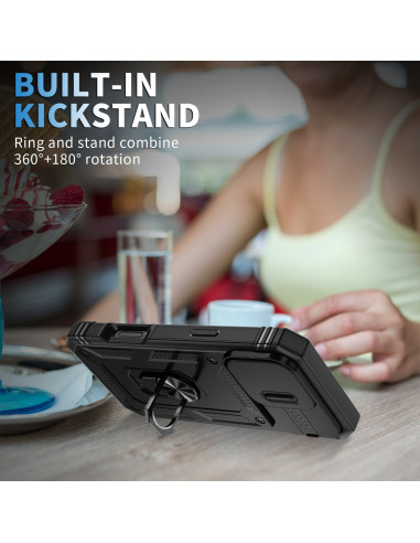 Svart iPhone 16 Pro hybridskal med ringhållare, visat i användning med kickstand på ett bord
