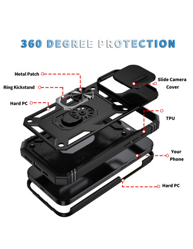 iPhone 16 Pro Max Hybridskal med Ringhållare &amp; Kameraskydd - Svart